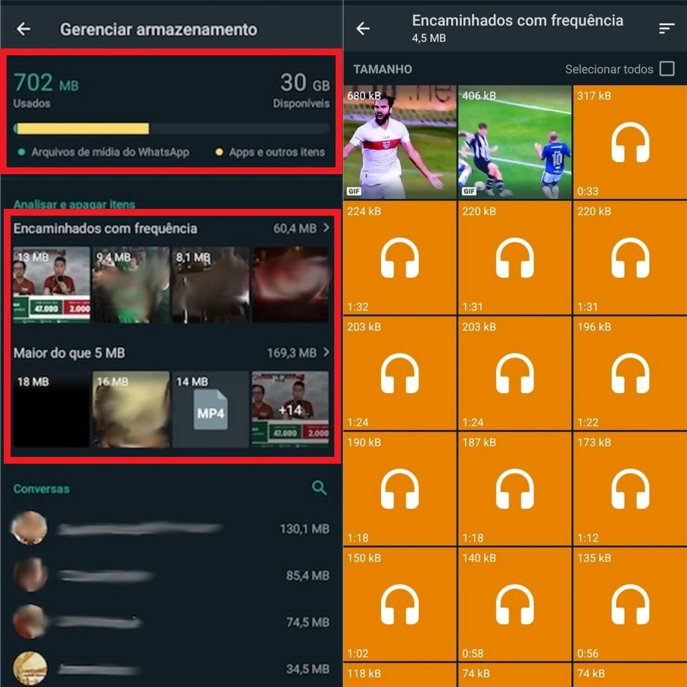 Tela do recurso Gerenciar armazenamento no WhatsApp mostrando arquivos grandes e mídias repetidas.
