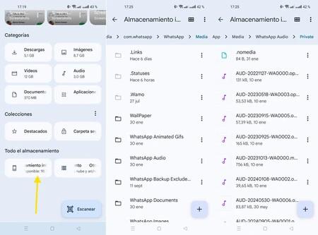 Gerenciador de arquivos do celular mostrando pastas de mídia do WhatsApp, como documentos, áudios e imagens.