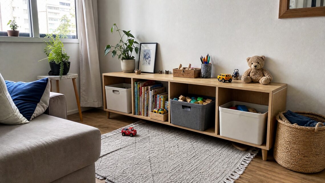 Sala de apartamento com estante baixa, cestos neutros e poucos brinquedos infantis guardados sem a sala virar depósito.