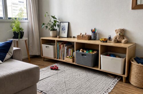 Sala de apartamento com estante baixa, cestos neutros e poucos brinquedos infantis guardados sem a sala virar depósito.