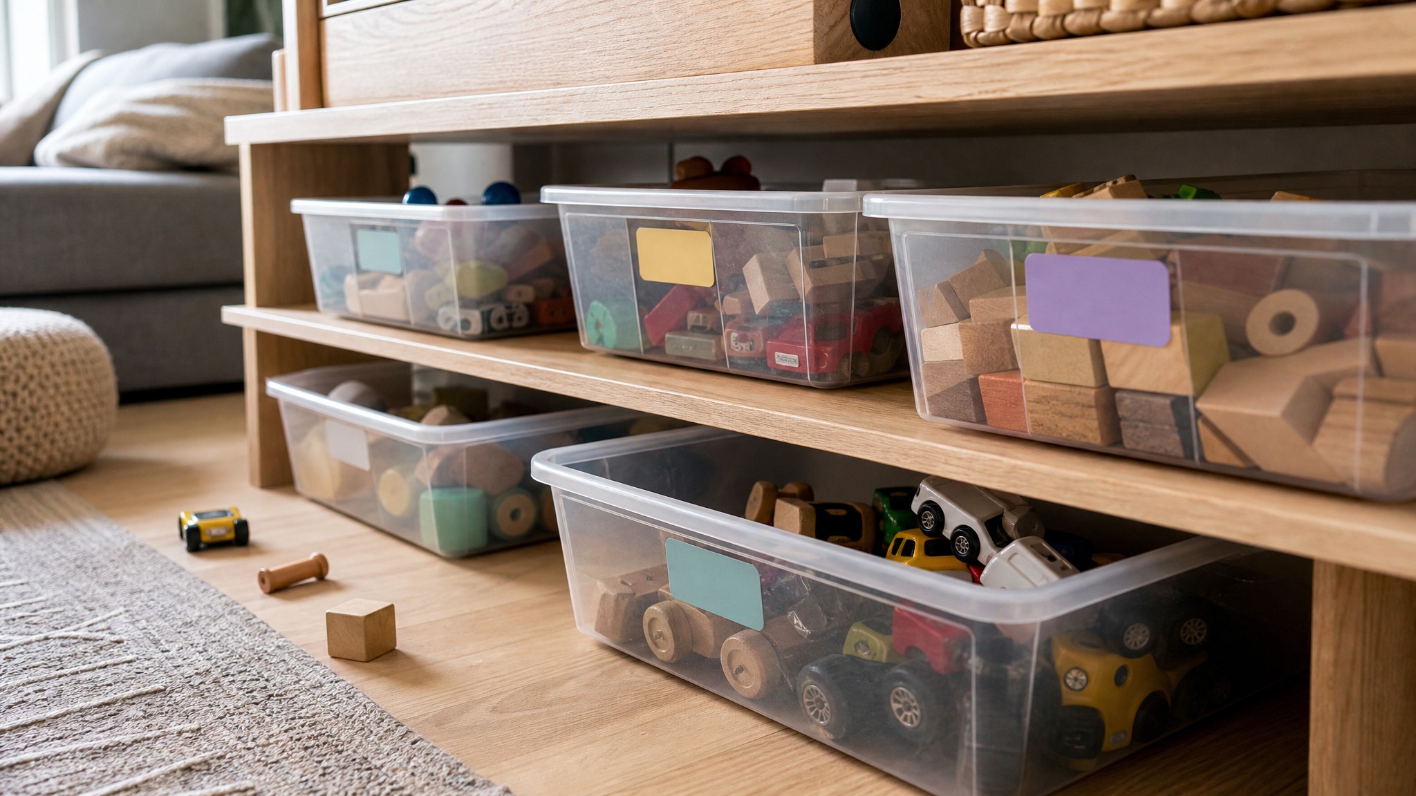 Prateleira baixa com bins transparentes e rasos organizando brinquedos por categoria em uma sala de estar.