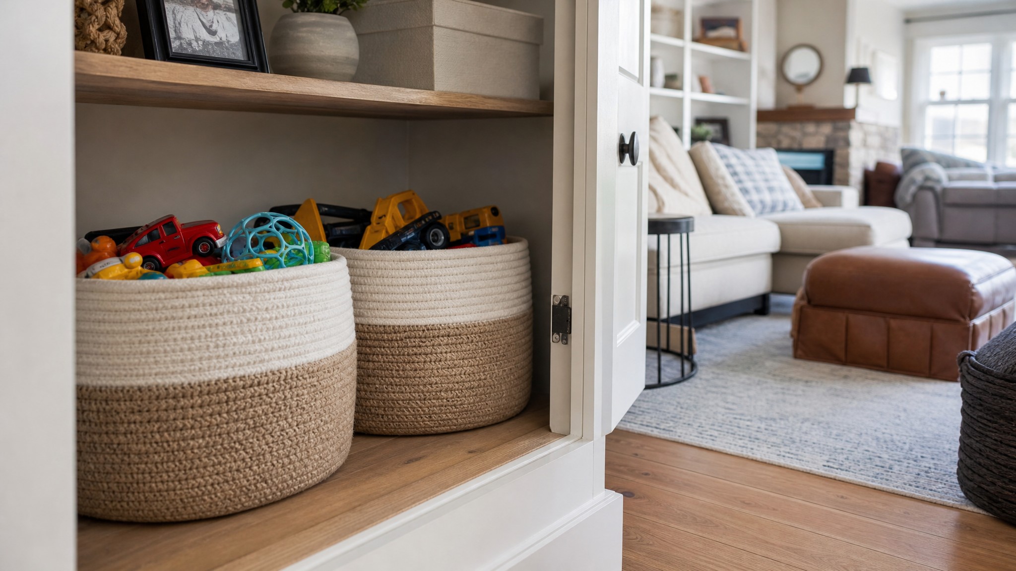 Sistema simples de rotação de brinquedos com cestos em armário e parte dos brinquedos guardada fora da sala.