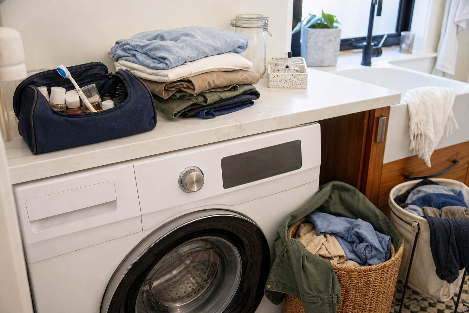 Área de lavanderia com roupa da viagem separada, nécessaire aberta e itens organizados em grupos simples.