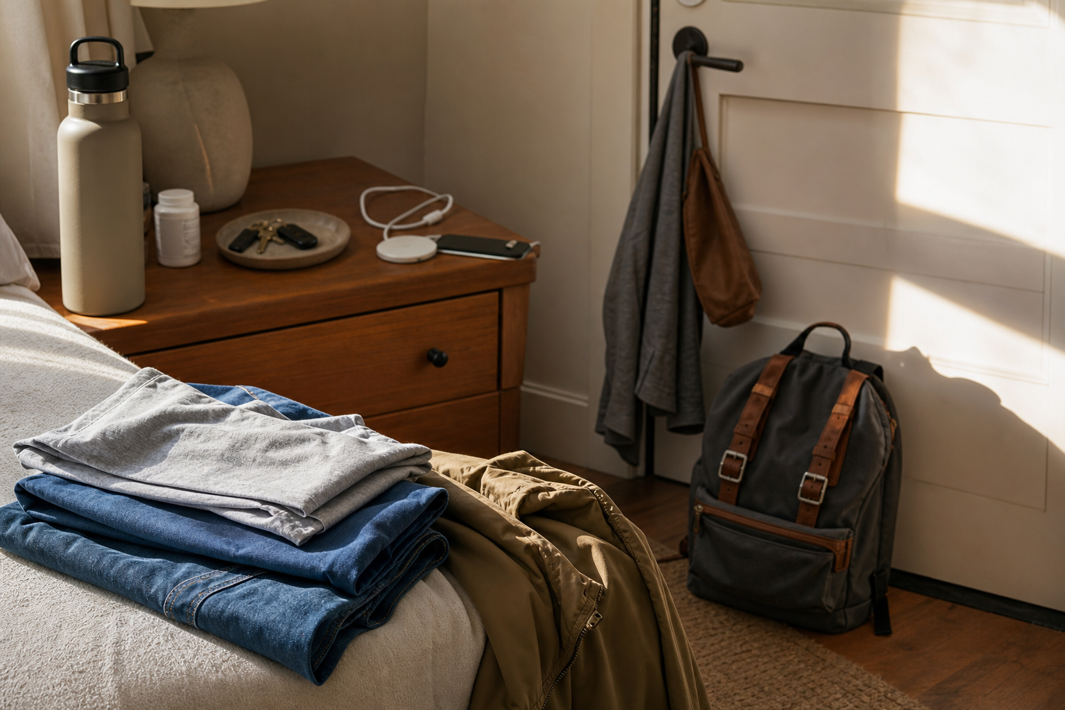 Quarto e entrada da casa preparados para o dia seguinte com bolsa, carregador, roupa e itens básicos já separados.