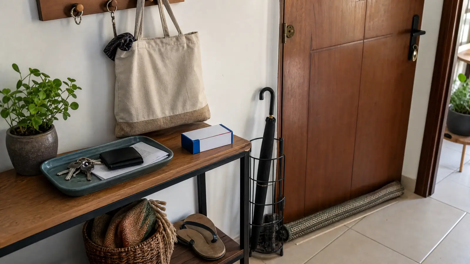 Hall de entrada com bandeja para chave, carteira e papéis que precisam sair de casa no dia seguinte.