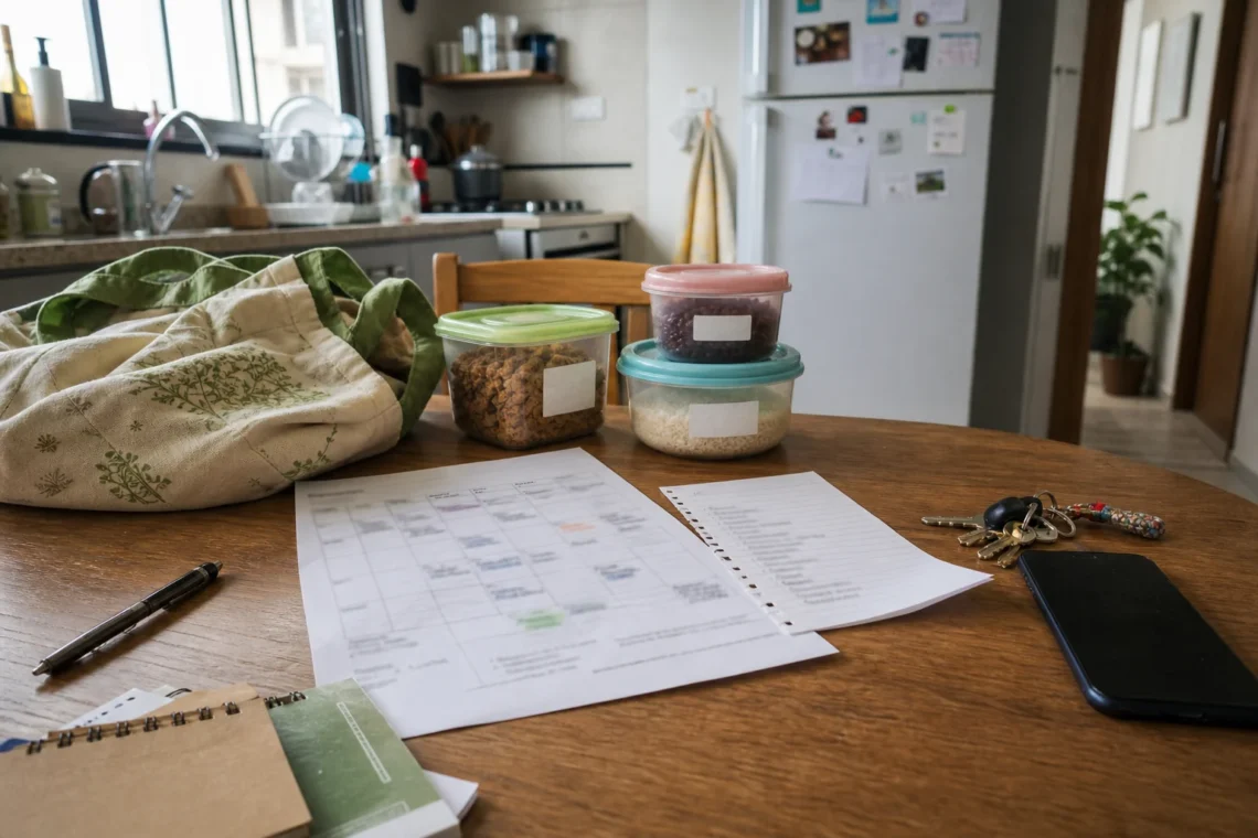 Capa do Sem Caos com preparo semanal da casa: lista, compras, recipientes e itens da rotina visíveis na cozinha.