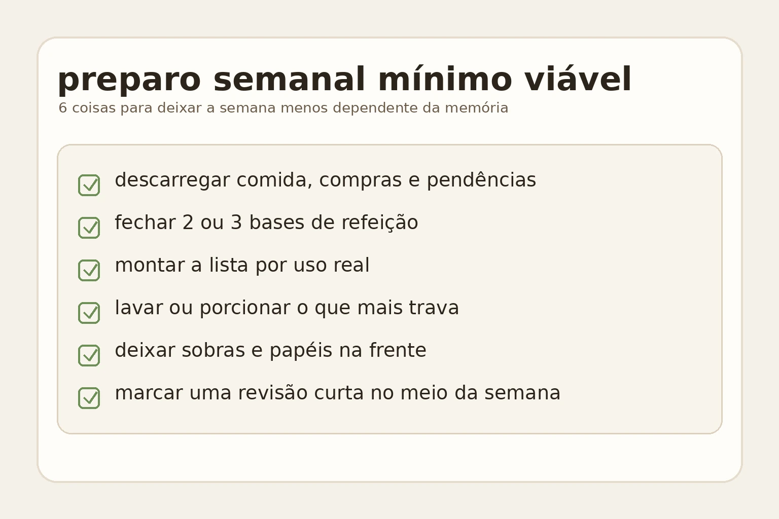 Checklist simples de preparo semanal com colunas para comida, compras e pendências