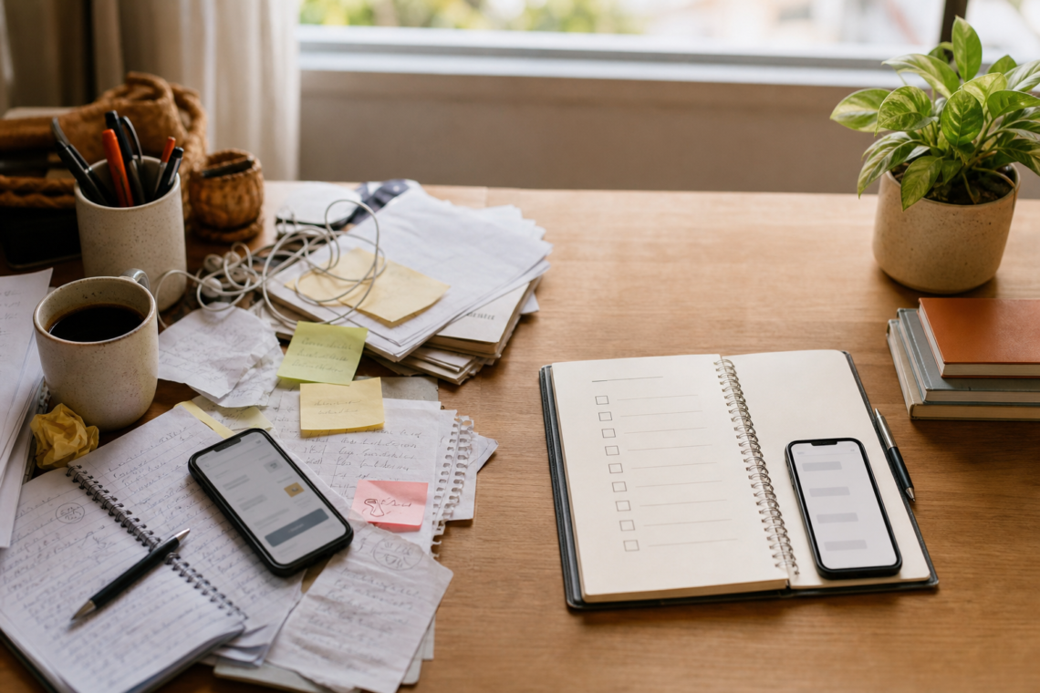 Mesa com notas e lembretes sendo organizados em um fluxo mais simples de tarefas.