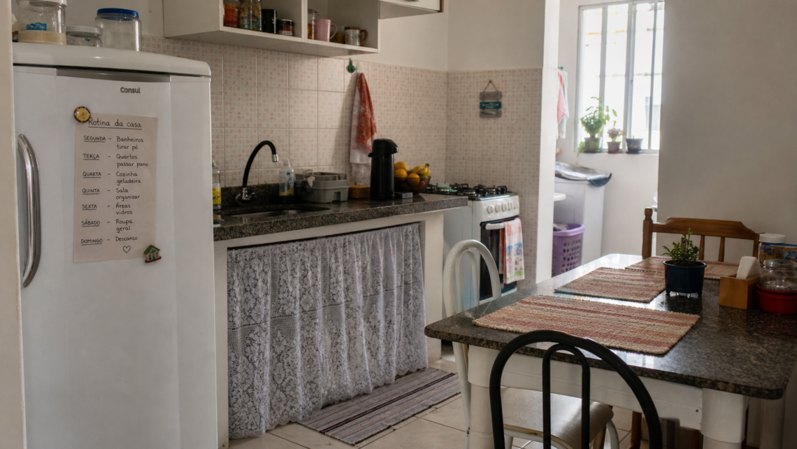 Cozinha real com rotina semanal visível na geladeira, mostrando uma casa organizada sem perfeccionismo.