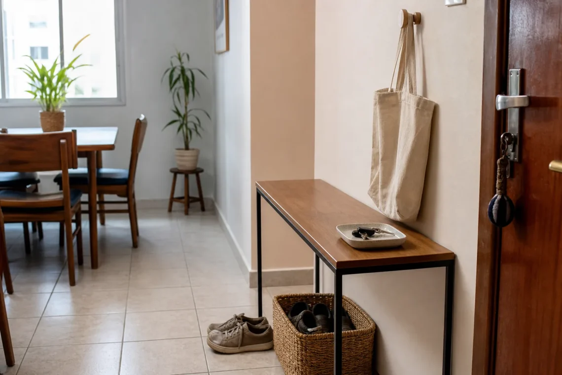 Entrada de apartamento com aparador simples, bandeja para chaves, gancho para bolsa e cesta para sapatos, ilustrando uma zona de chegada funcional.