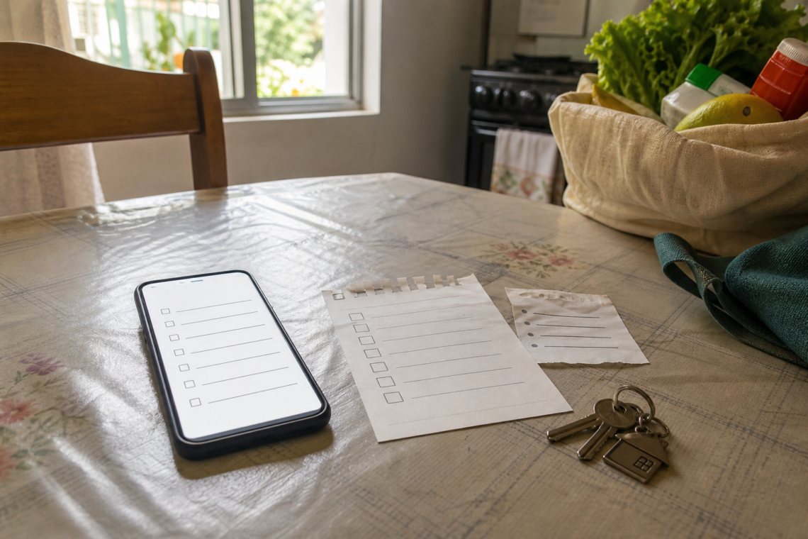 Cena doméstica realista com celular, lista curta e itens do dia a dia, ilustrando apps simples para organizar pequenas pendências.