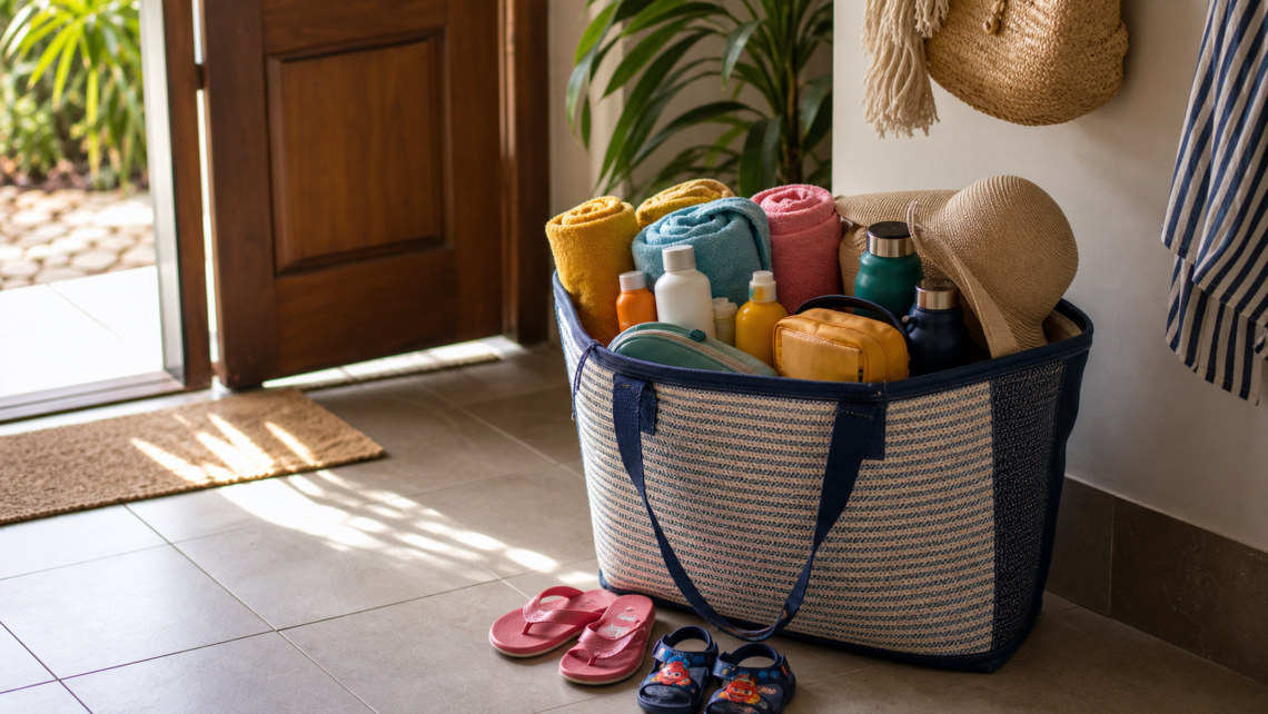 Bolsa de praia ou piscina pronta perto da porta com toalhas, protetor e itens infantis organizados.