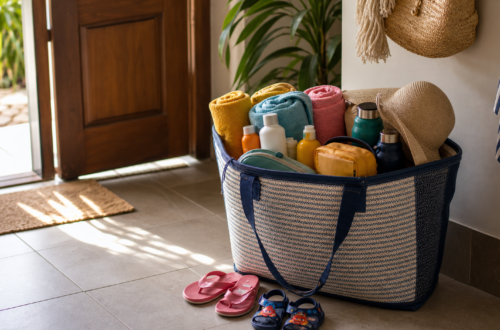 Bolsa de praia ou piscina pronta perto da porta com toalhas, protetor e itens infantis organizados.
