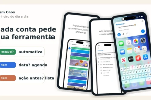 Capa editorial com comparativo entre débito automático, Google Agenda, Google Tasks e Lembretes do iPhone para organizar contas da casa.