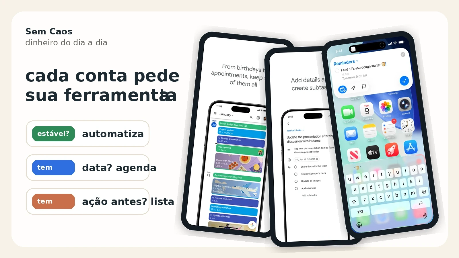 Comparativo visual entre débito automático, Google Agenda, Google Tasks e Lembretes do iPhone para organizar contas da casa.