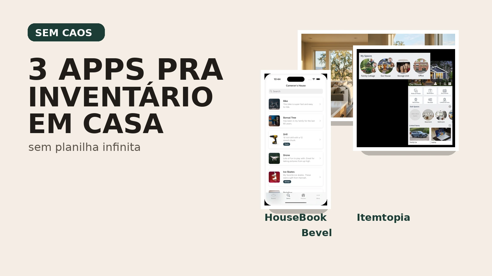 Capa do Sem Caos comparando apps para inventário da casa na vida real.
