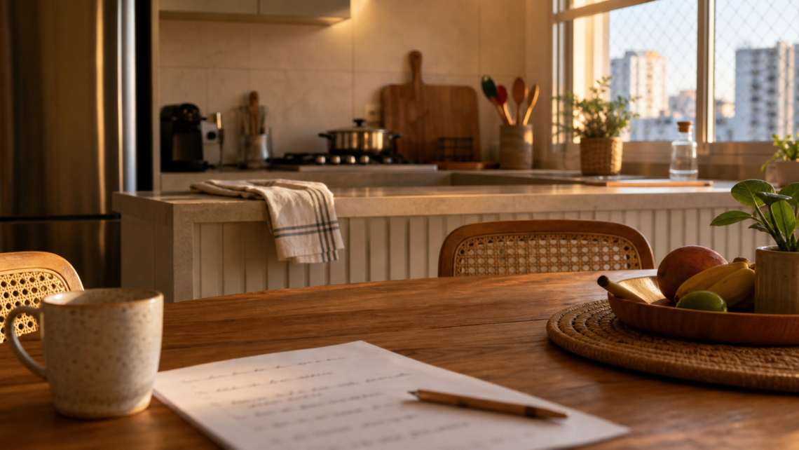 Capa do Sem Caos com mesa e cozinha de casa em rotina diária realista, organizada sem parecer cenário perfeito.