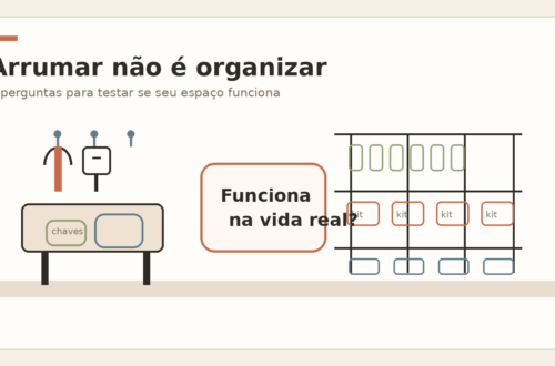 Ilustração editorial mostrando um canto de casa funcional e a ideia de que arrumar não é o mesmo que organizar.