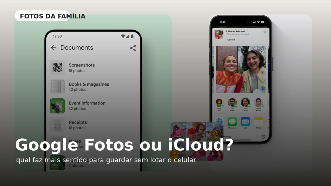 Capa do Sem Caos comparando Google Fotos e iCloud Fotos para guardar fotos da família sem lotar o celular.