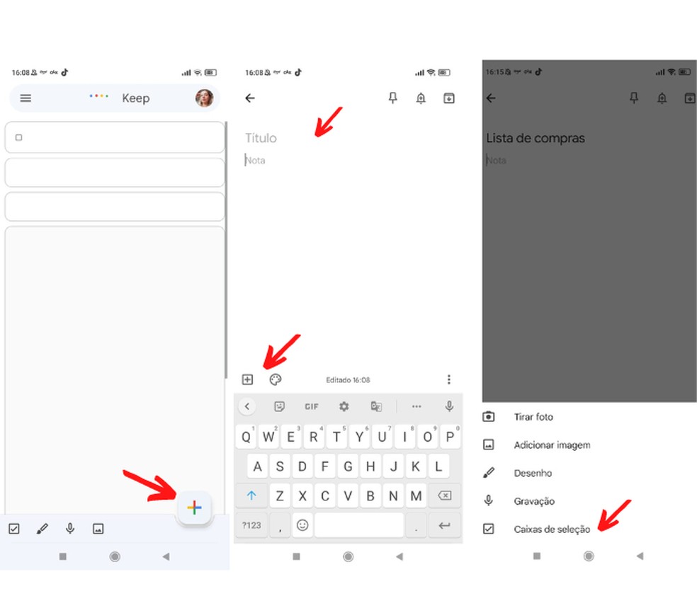 Tela do Google Keep mostrando criação de nota com checklist para capturar ideias e recados rápidos.