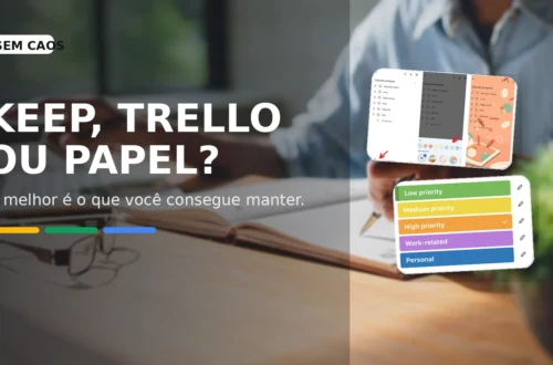 Capa do Sem Caos sobre Google Keep, Trello e lista no papel para organizar a rotina.