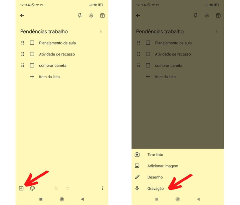 Google Keep com opção de gravação de voz aberta para capturar ideias e pendências sem precisar digitar na hora.