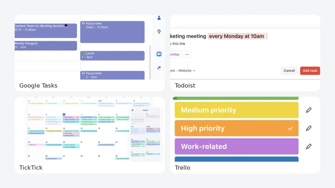 Comparativo visual entre Google Tasks, Todoist, TickTick e Trello para organizar tarefas na vida real.