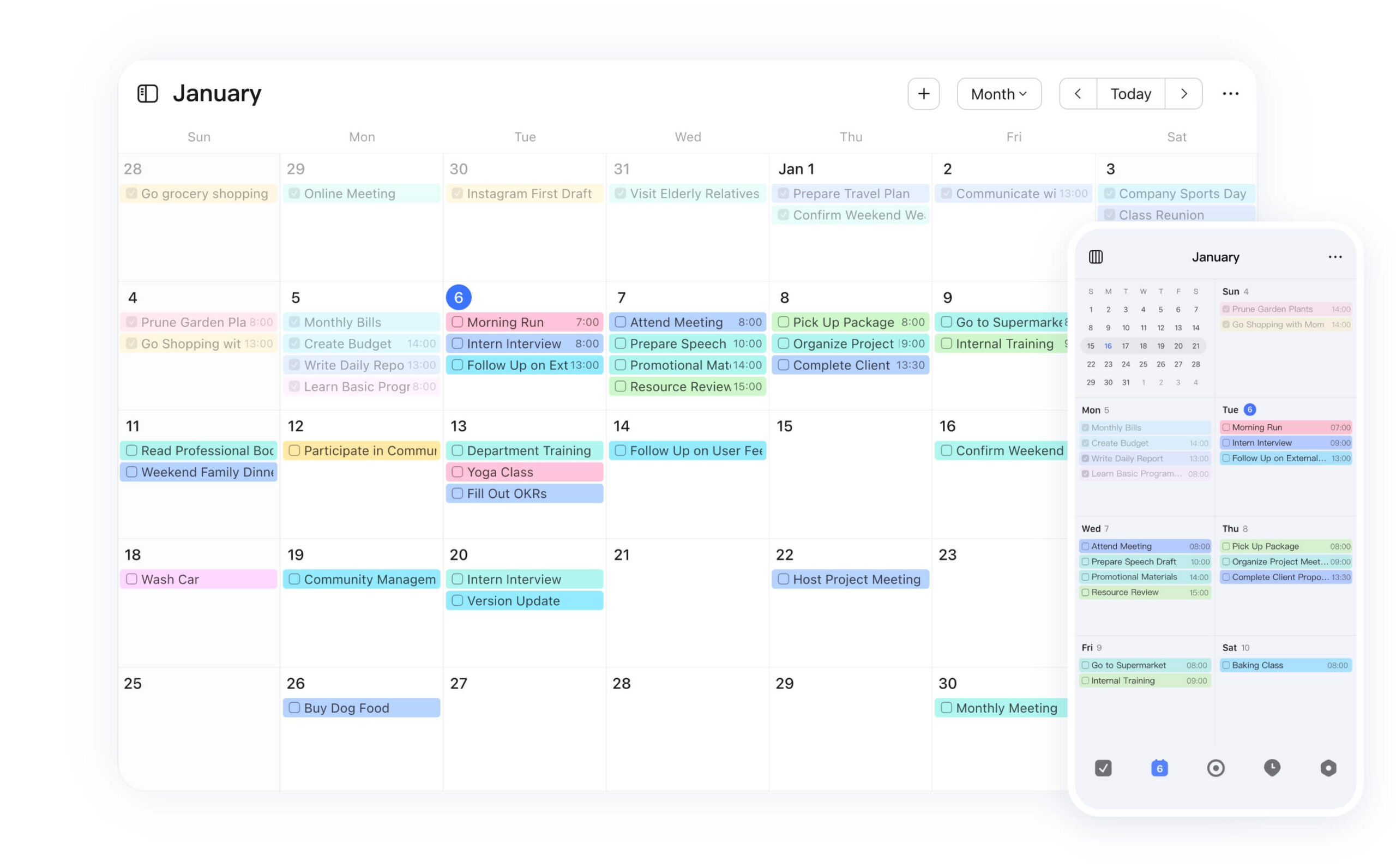 Tela do TickTick com lista de tarefas, calendário e recursos extras de produtividade.