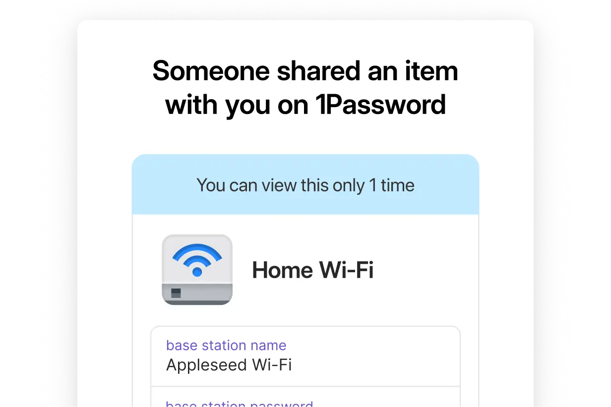 Imagem oficial do 1Password mostrando compartilhamento seguro de senhas e itens com a família.
