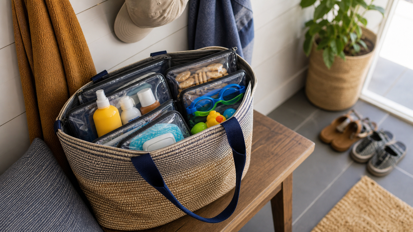Bolsa grande de praia ou piscina perto da porta com nécessaires transparentes por categoria, toalhas dobradas e garrafas de água já separadas.