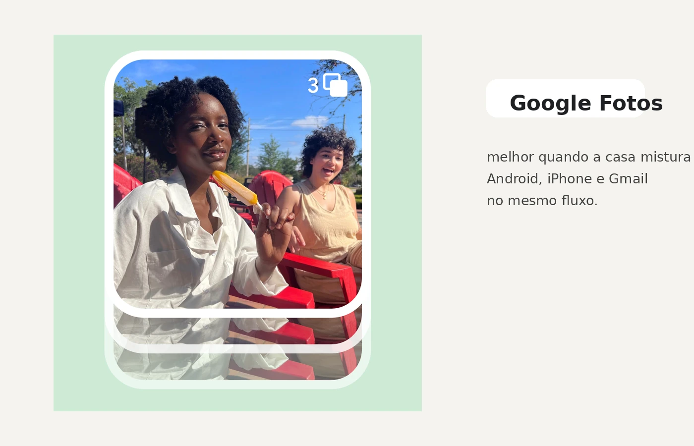 Arte editorial com interface do Google Fotos em destaque e indicação de uso em casas com Android, iPhone e Gmail misturados.