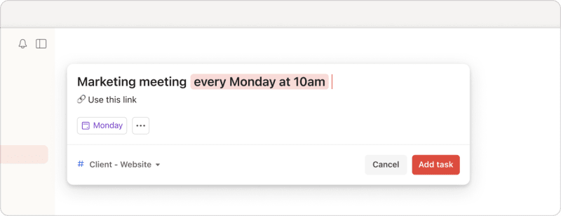 Tela do Todoist mostrando criação de tarefa recorrente em interface simples.
