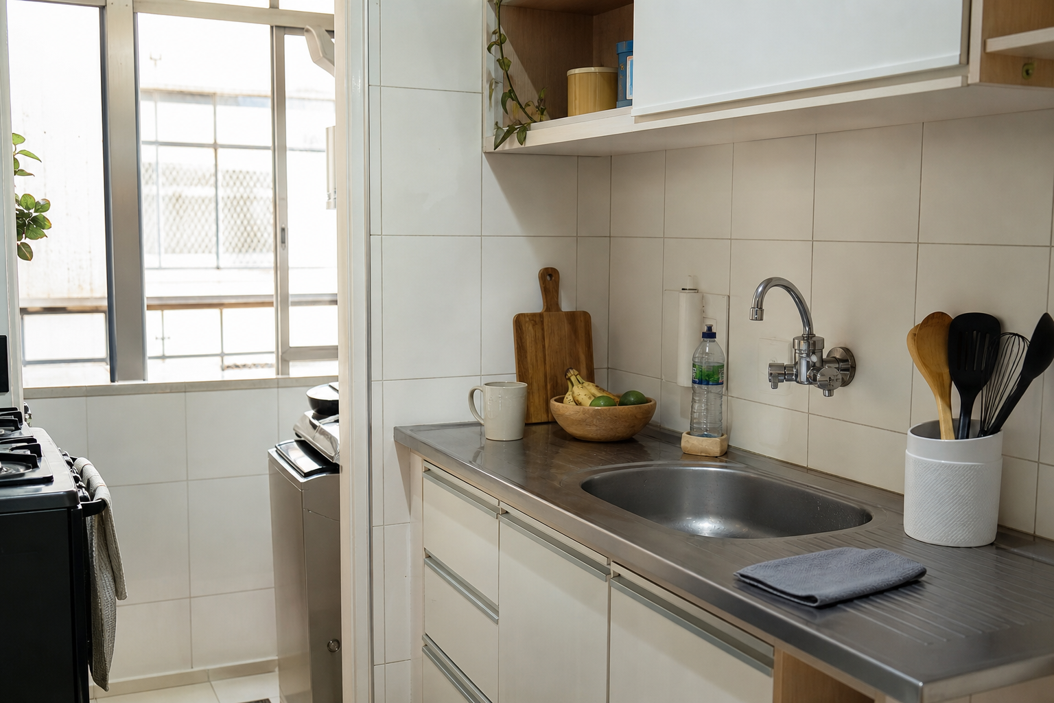 Bancada de cozinha real sendo reorganizada rapidamente, com pia livre, pano de microfibra e poucos objetos fora do lugar.