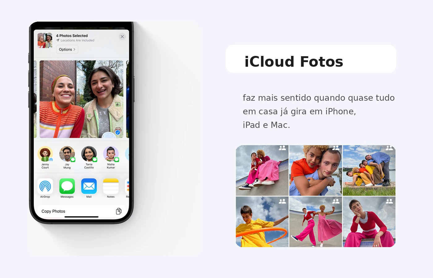 Arte editorial com interface do iCloud Fotos em destaque para famílias que usam principalmente iPhone, iPad e Mac.