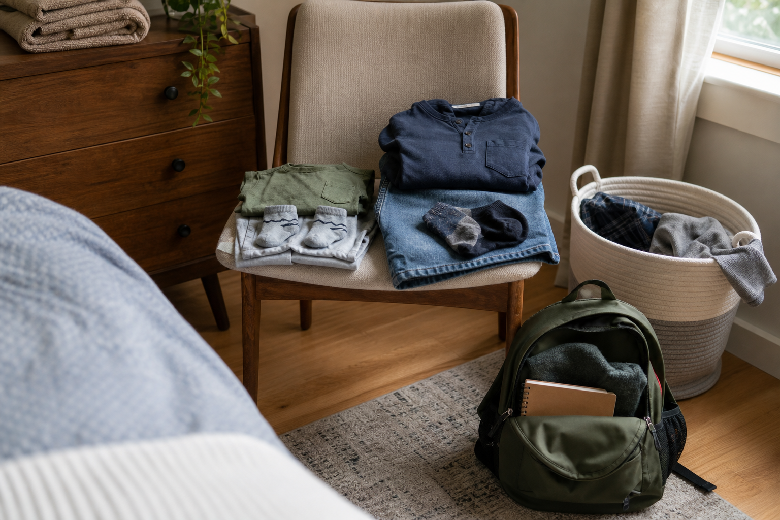 Roupas separadas, mochila infantil e cesta de lavanderia prontas para facilitar a manhã seguinte.