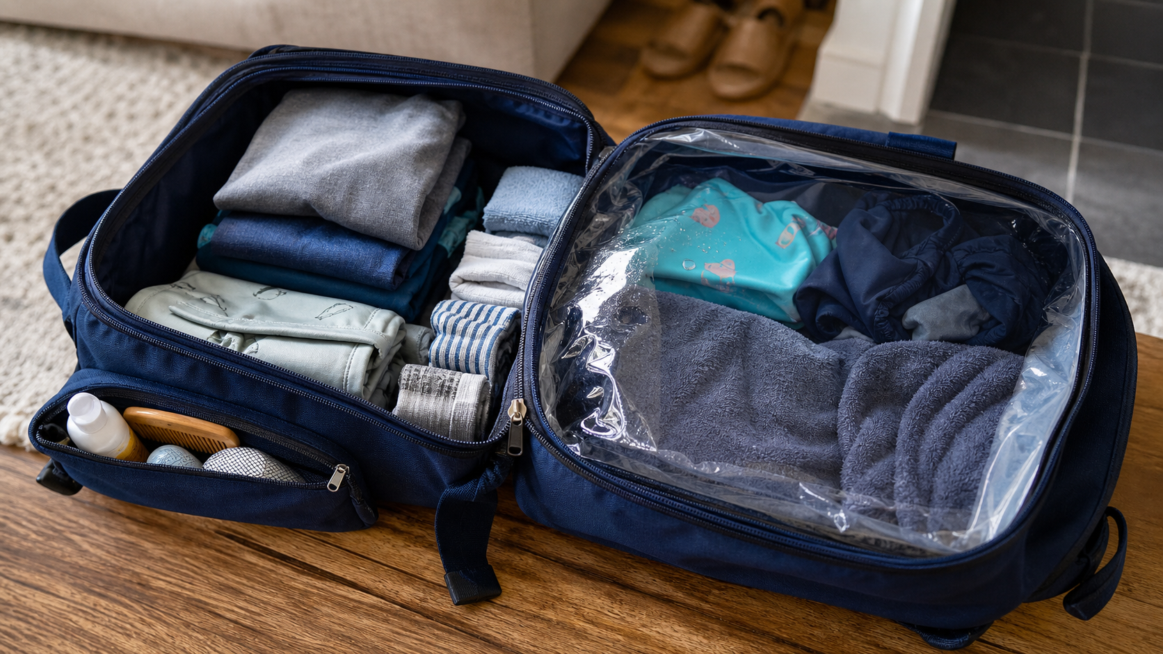 Bolsa aberta mostrando separação entre roupa seca, toalha, nécessaire de higiene e um saco impermeável para maiôs e roupas molhadas.