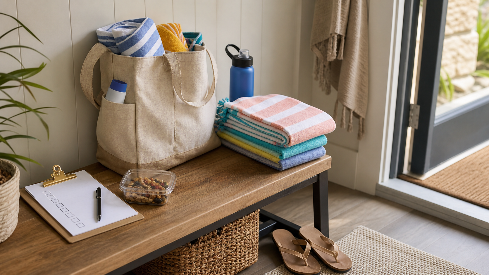 Checklist curto preso perto da porta com quatro itens do dia para praia ou piscina: água, lanche, toalhas e troca; ao lado, bolsa infantil pronta para sair.