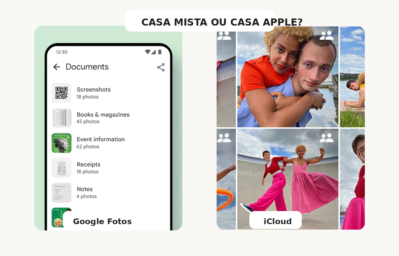 Comparativo visual entre Google Fotos e iCloud para decidir entre casa com aparelhos mistos ou casa centrada no ecossistema Apple.