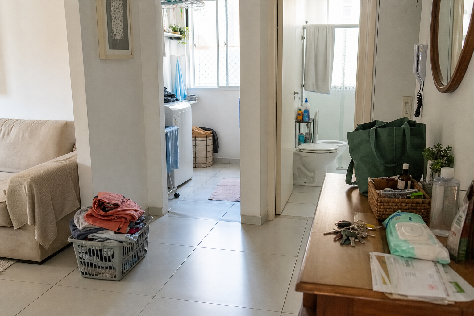 Cesto de roupa, itens de banheiro e mesa de entrada organizados em zonas simples de manutenção doméstica.