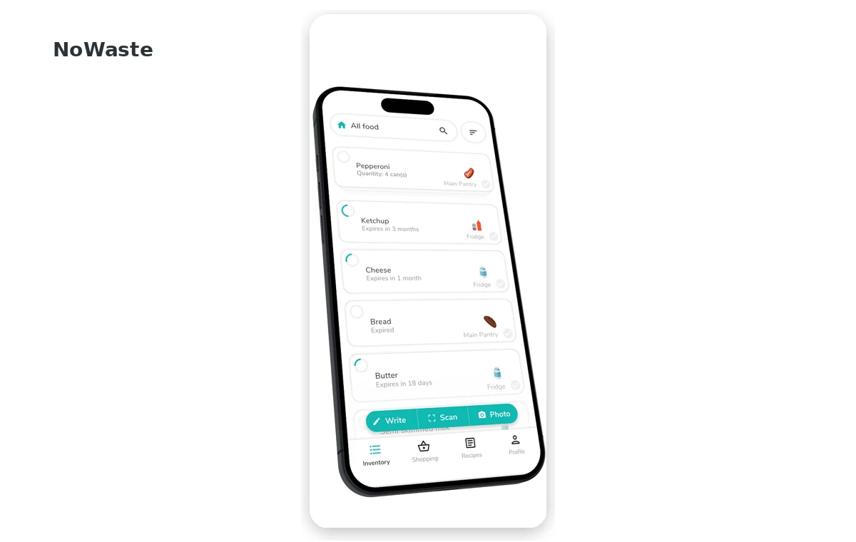 Tela do app NoWaste para controlar estoque e validade de alimentos.