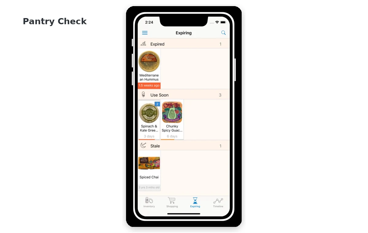 Interface do Pantry Check mostrando itens próximos do vencimento.