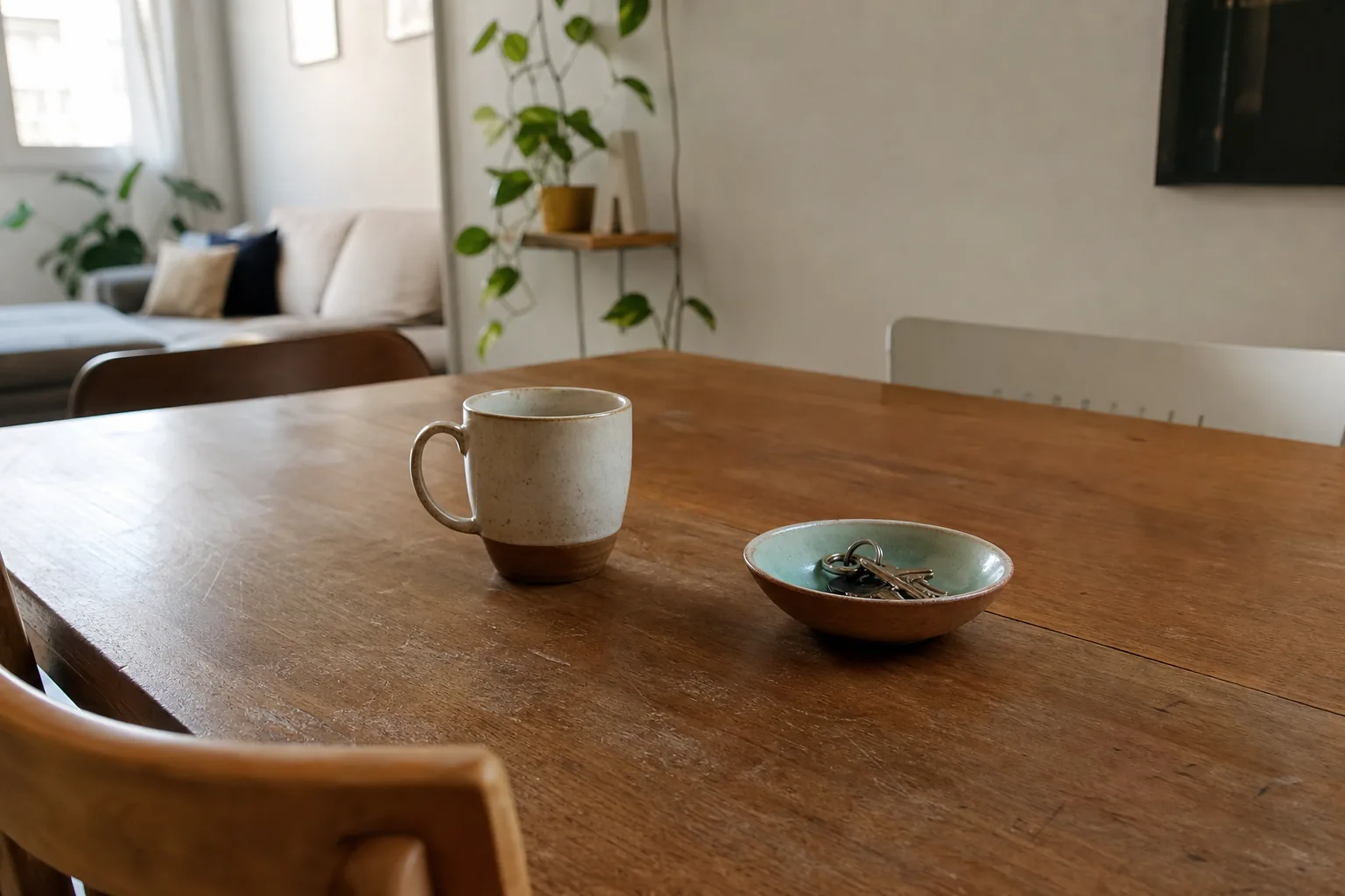 Mesa lateral de sala com poucos objetos úteis e espaço livre visível, sugerindo um reset de superfície com menos acúmulo.