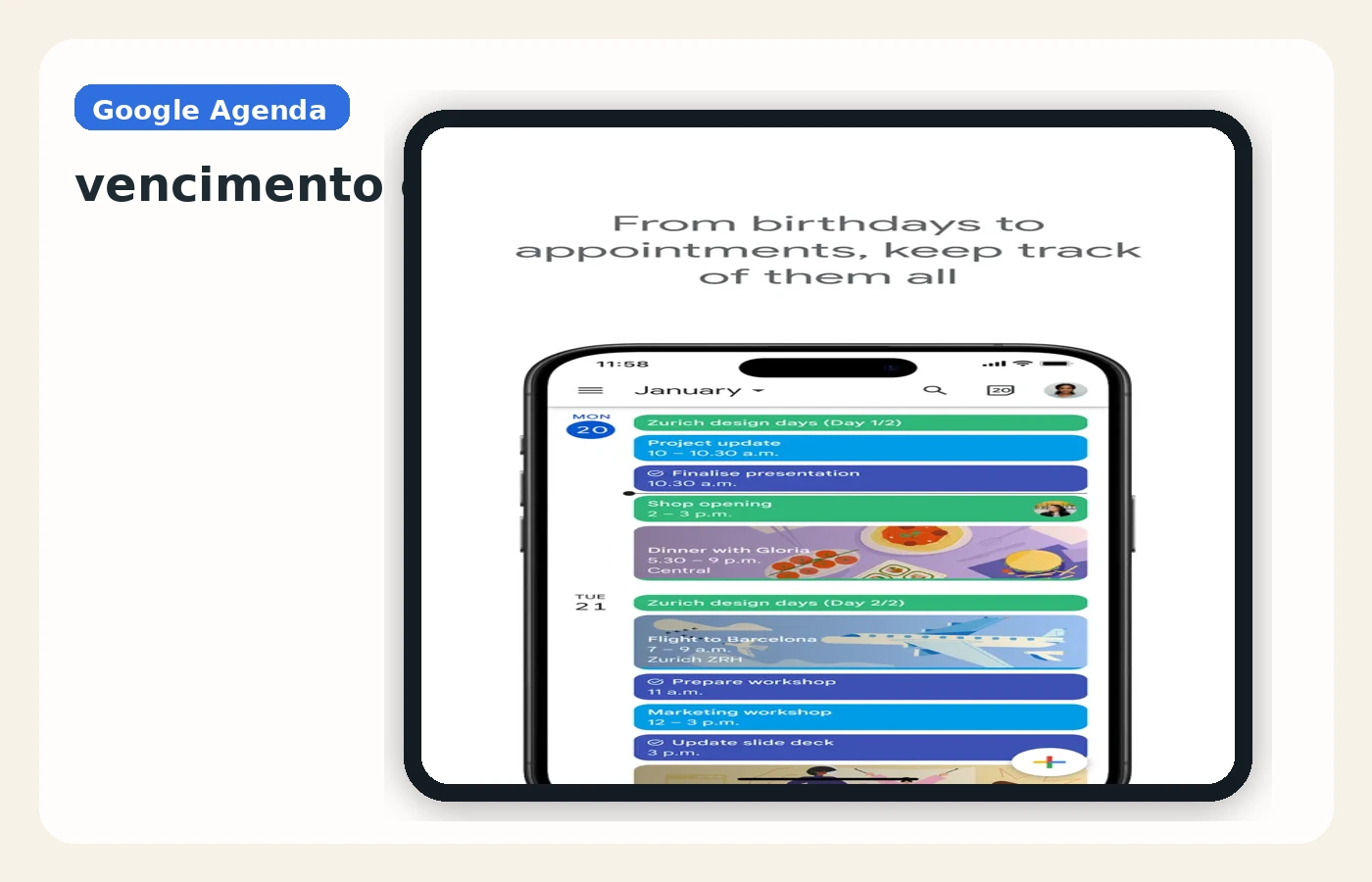 Captura oficial do Google Calendar mostrando organização visual de eventos e tarefas.