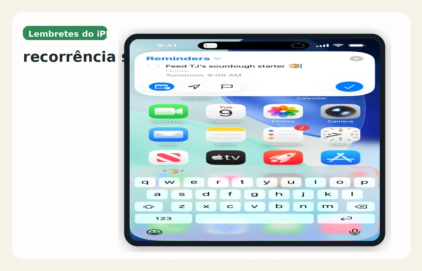 Captura oficial do app Lembretes da Apple mostrando listas, recorrência e organização por categorias.