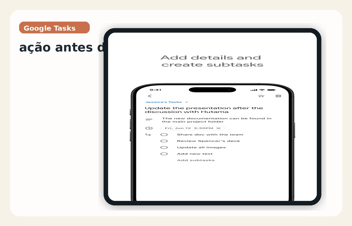 Captura oficial do Google Tasks mostrando listas, detalhes e subtarefas para acompanhar pendências.