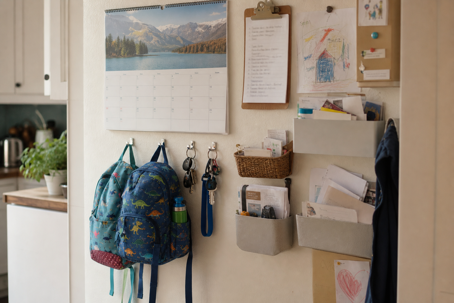 Parede de organização familiar com ganchos, mochila e calendário visível.
