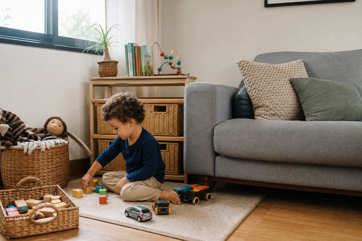 Sala com canto de brinquedos delimitado, tapete pequeno e poucos brinquedos em rotação.