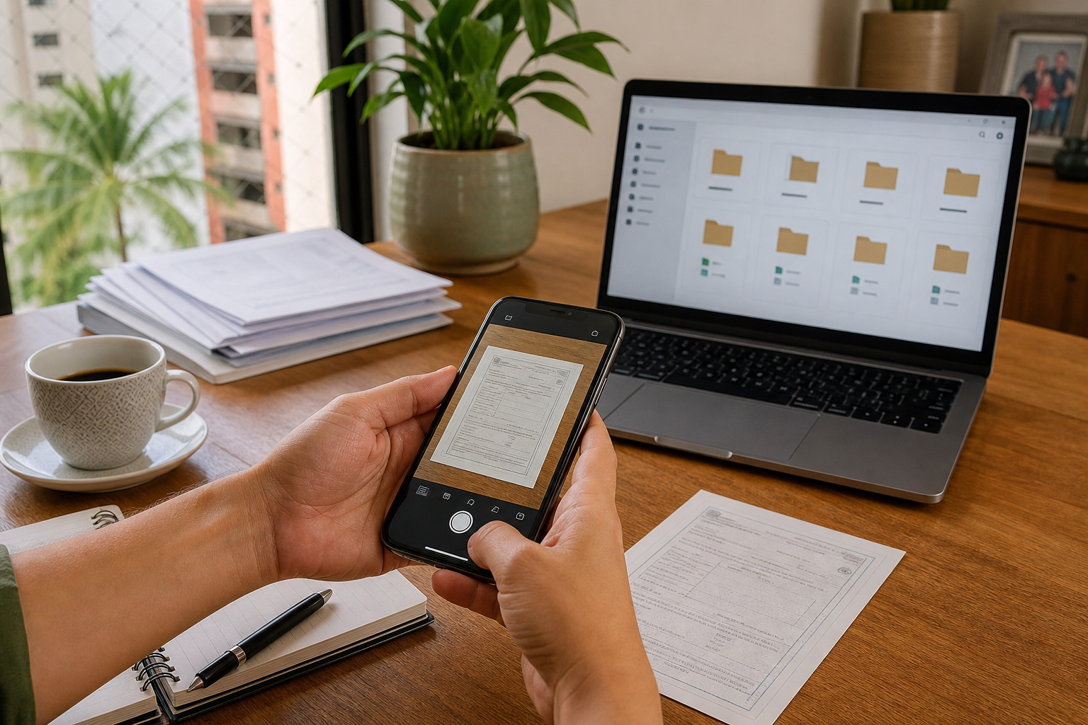 Celular digitalizando um documento enquanto um notebook mostra uma pasta digital organizada para os arquivos da família.