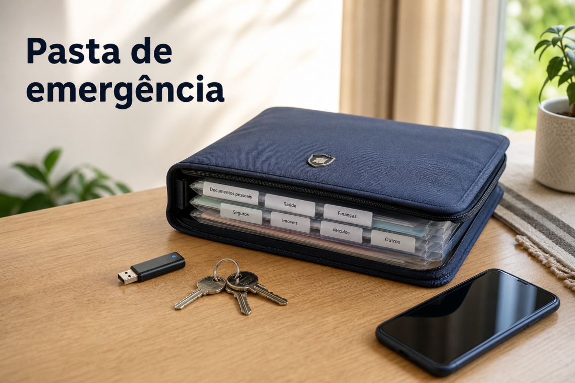 Pasta de emergência da família com documentos essenciais organizados em um único lugar.