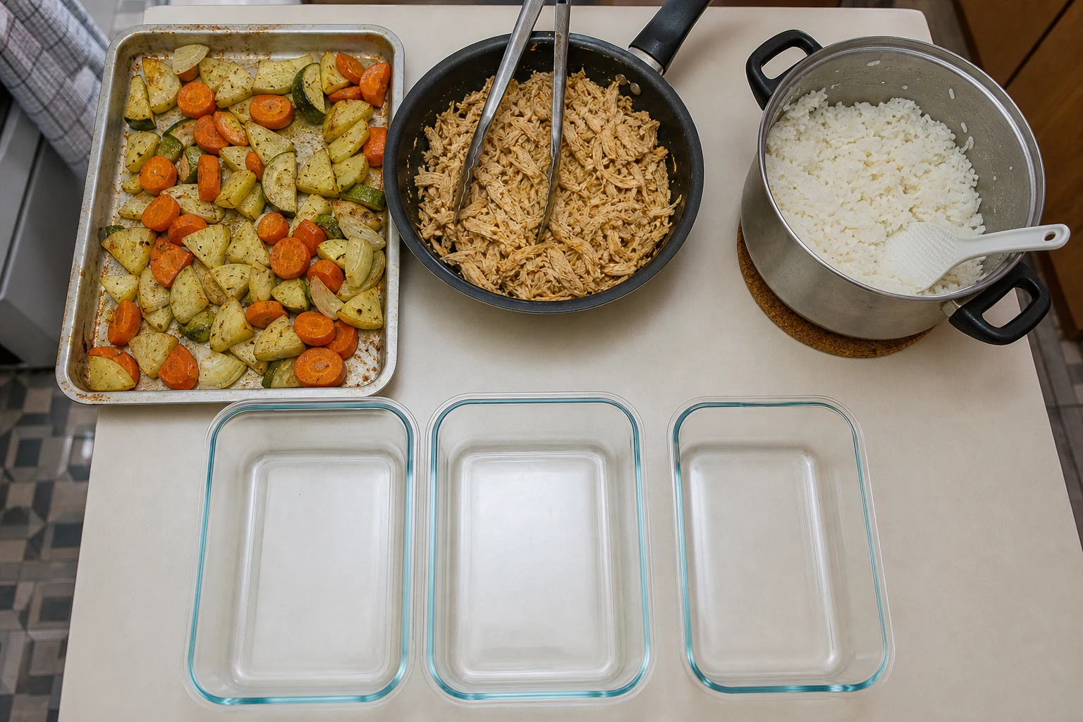 Bancada com arroz, frango desfiado, legumes assados e potes vazios para um pré-preparo simples da semana.